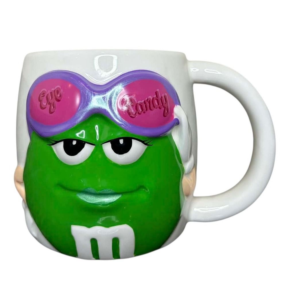 Galerie‎ M&M's Green Eye Candy Sunglasses 3D Relief Ceramic Coffee Mug White 4in